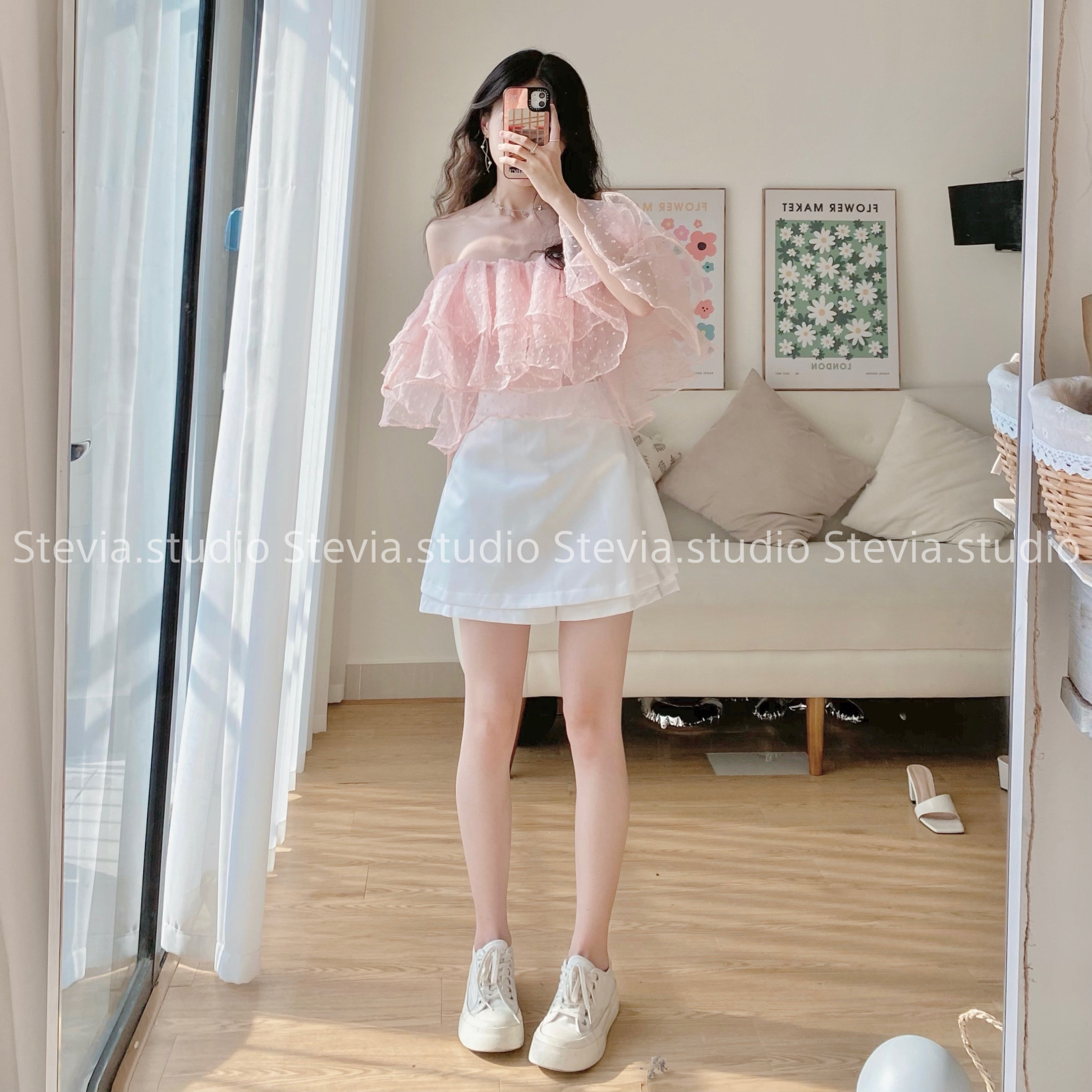 Set đầm áo trễ vai phối chân váy bi  ANNCOMVN